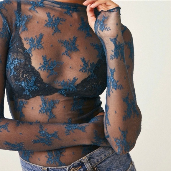 Free People Teal Blue Floral Sheer Long Sleeve Top - Picture 3 of 7